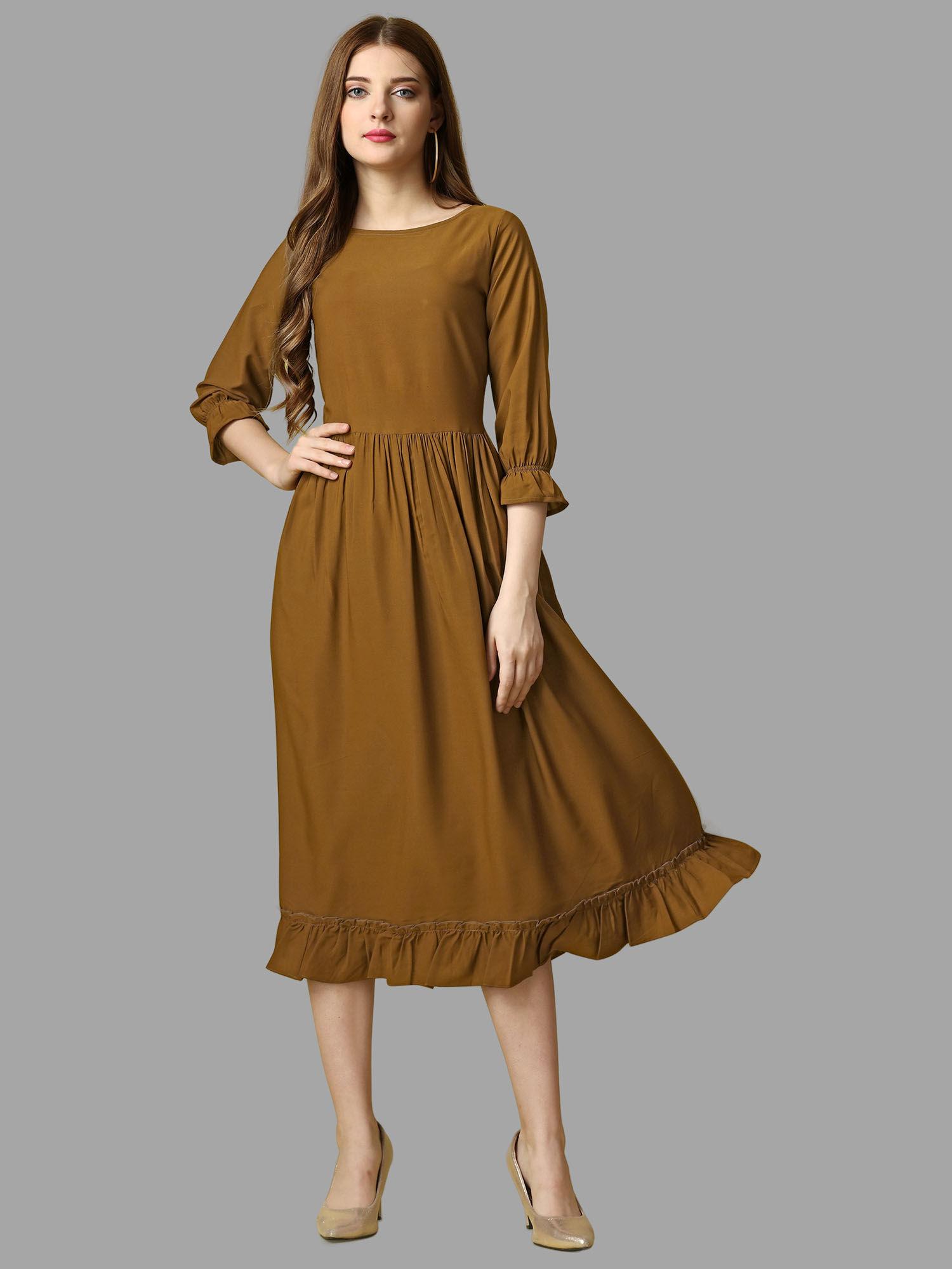 brown solid three fourth sleeves midi dress for women