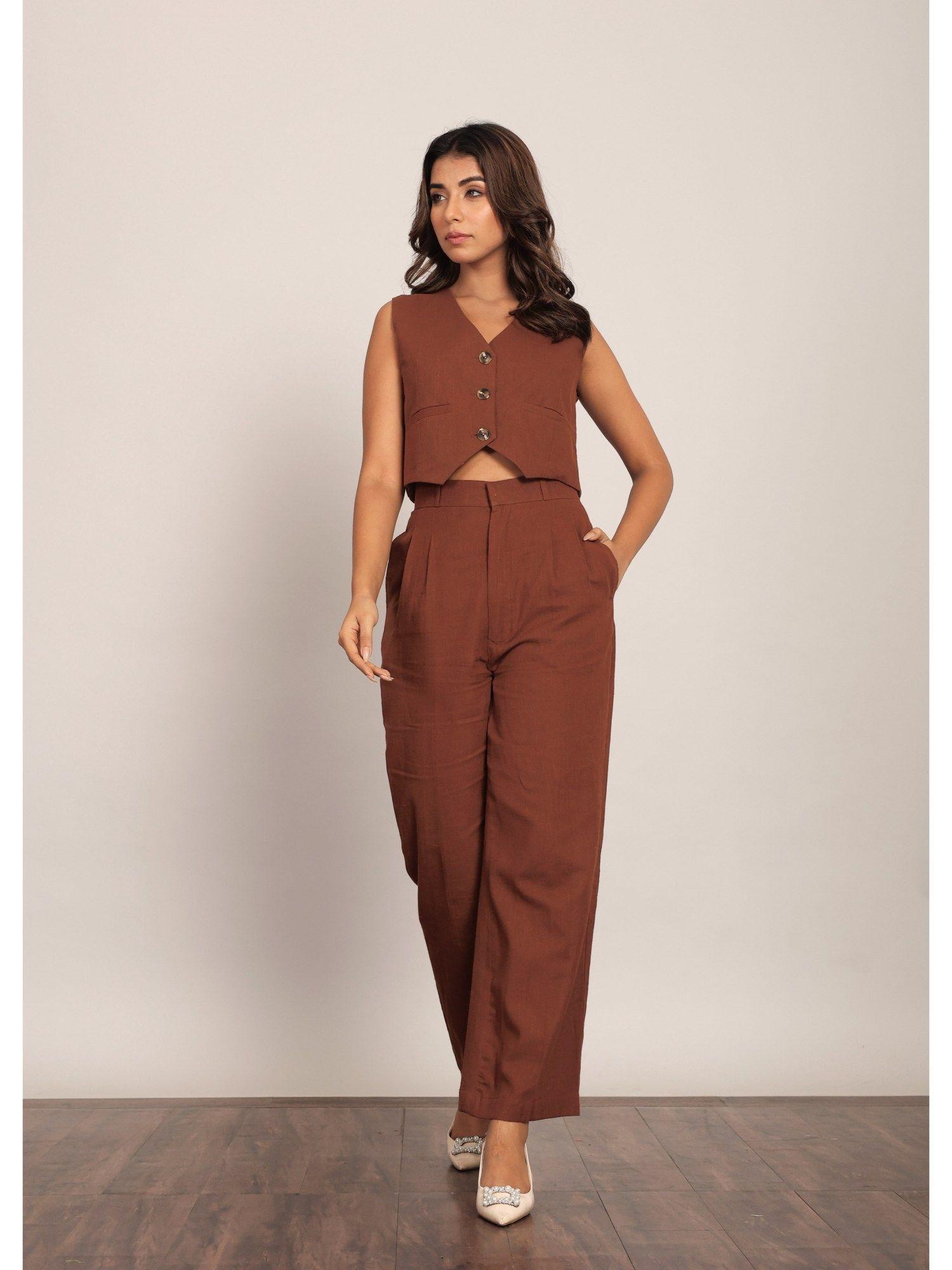 brown solid western relaxed co-ord (set of 2)