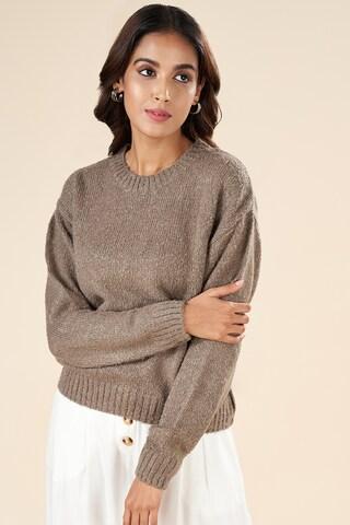 brown solid winter wear full sleeves round neck women regular fit  sweater