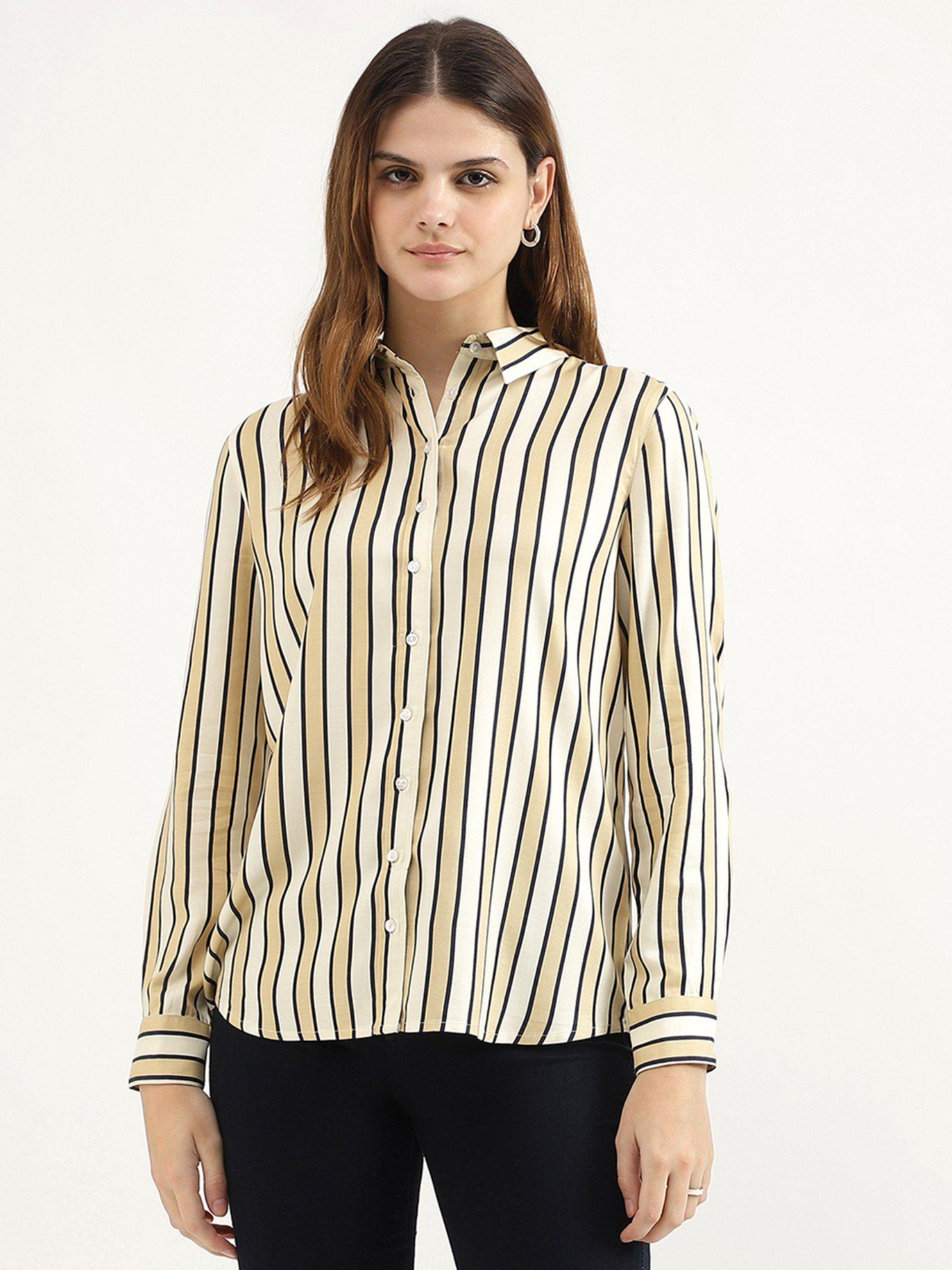 brown spread collar striped shirt