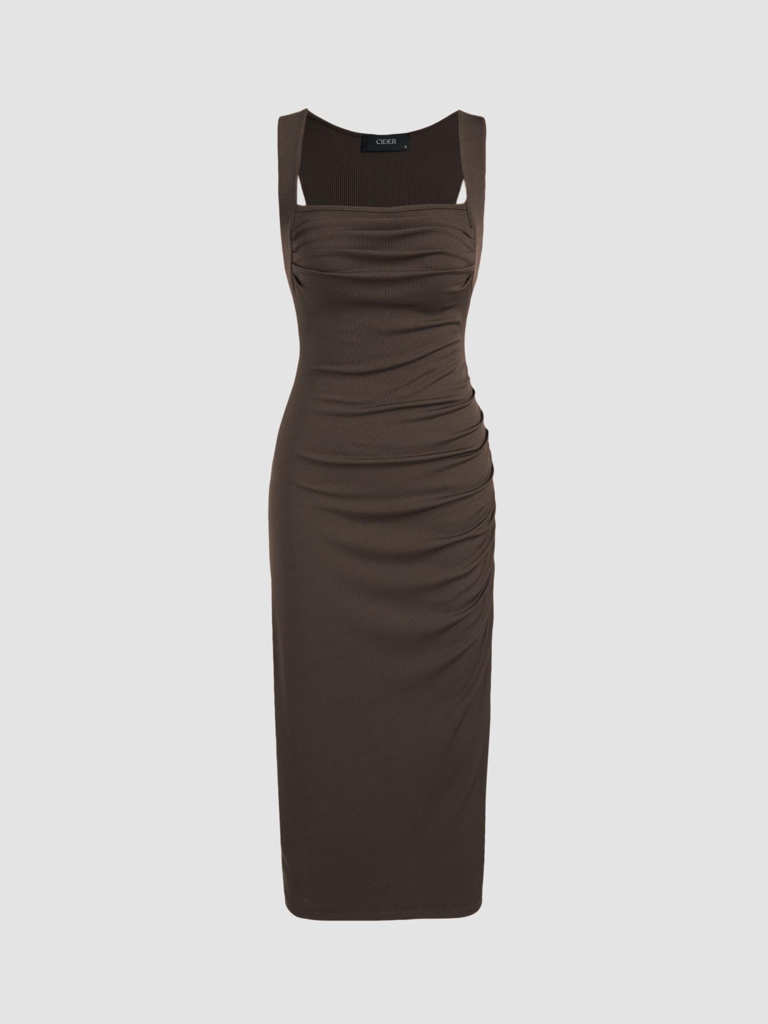 brown square neck ruched sleeveless midi dress