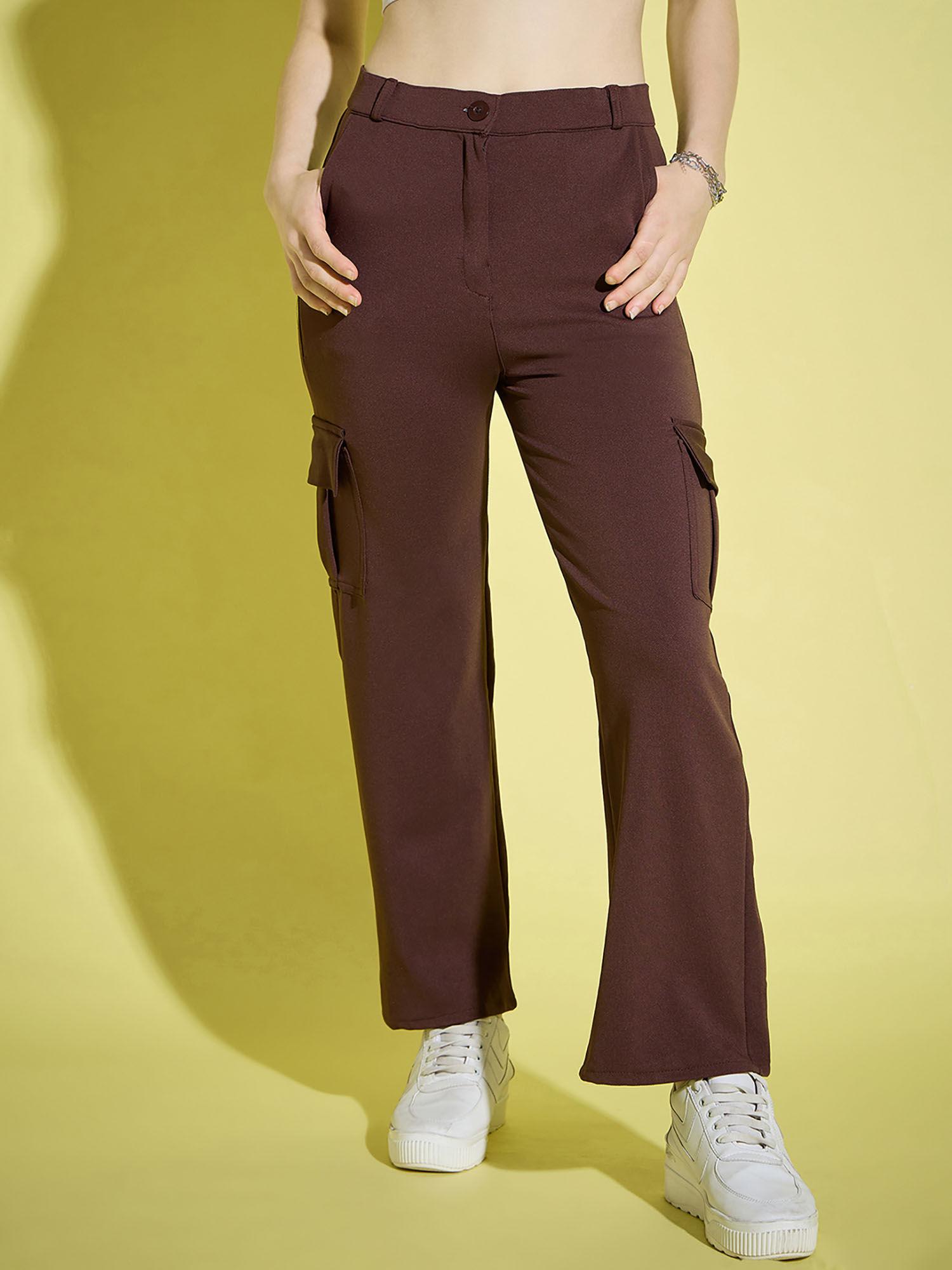 brown straight fit full length solid cargo pant