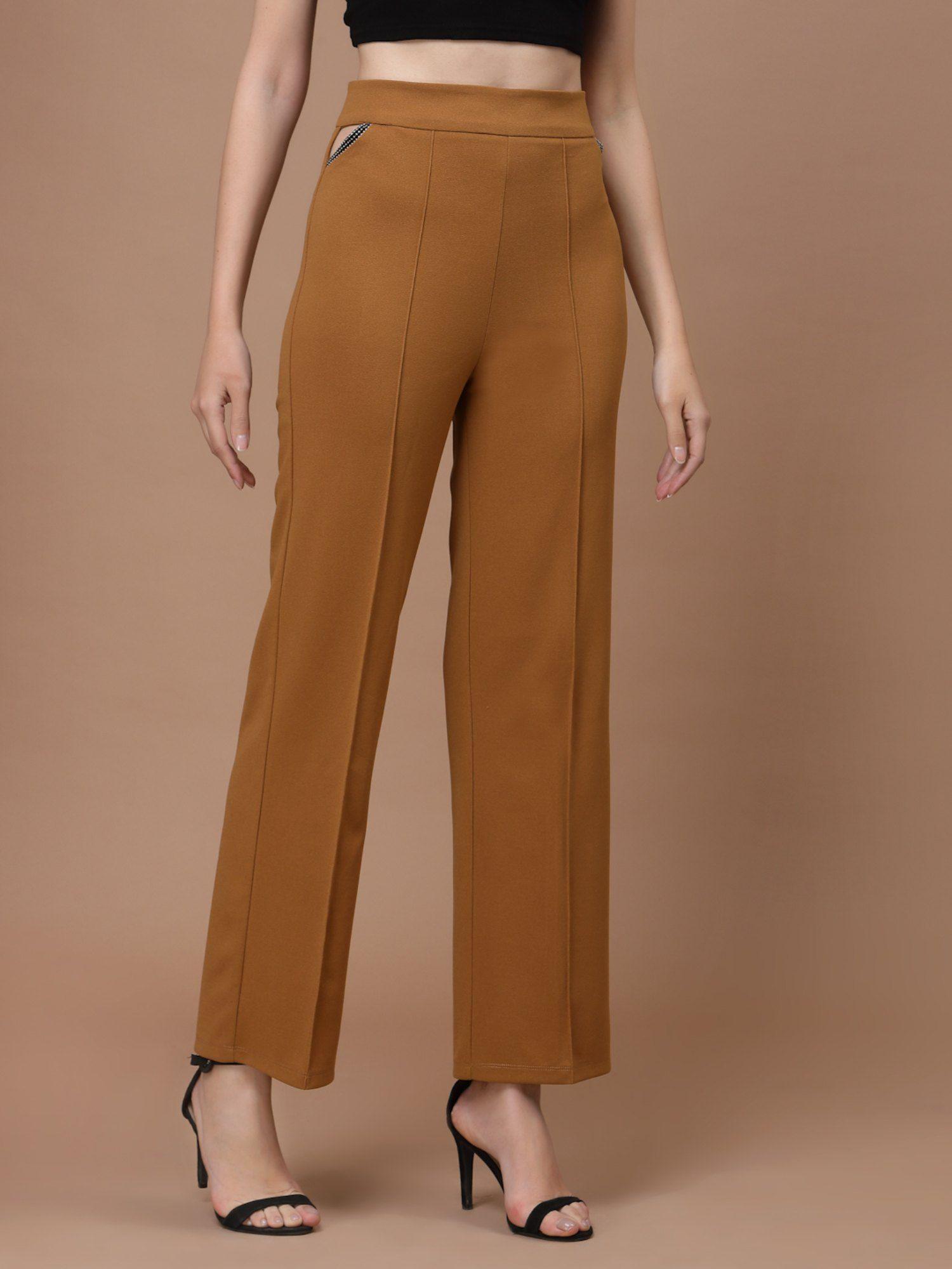 brown straight fit high-rise pleated trousers