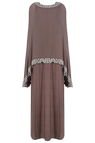 brown straight gown and beads embroidered cape set