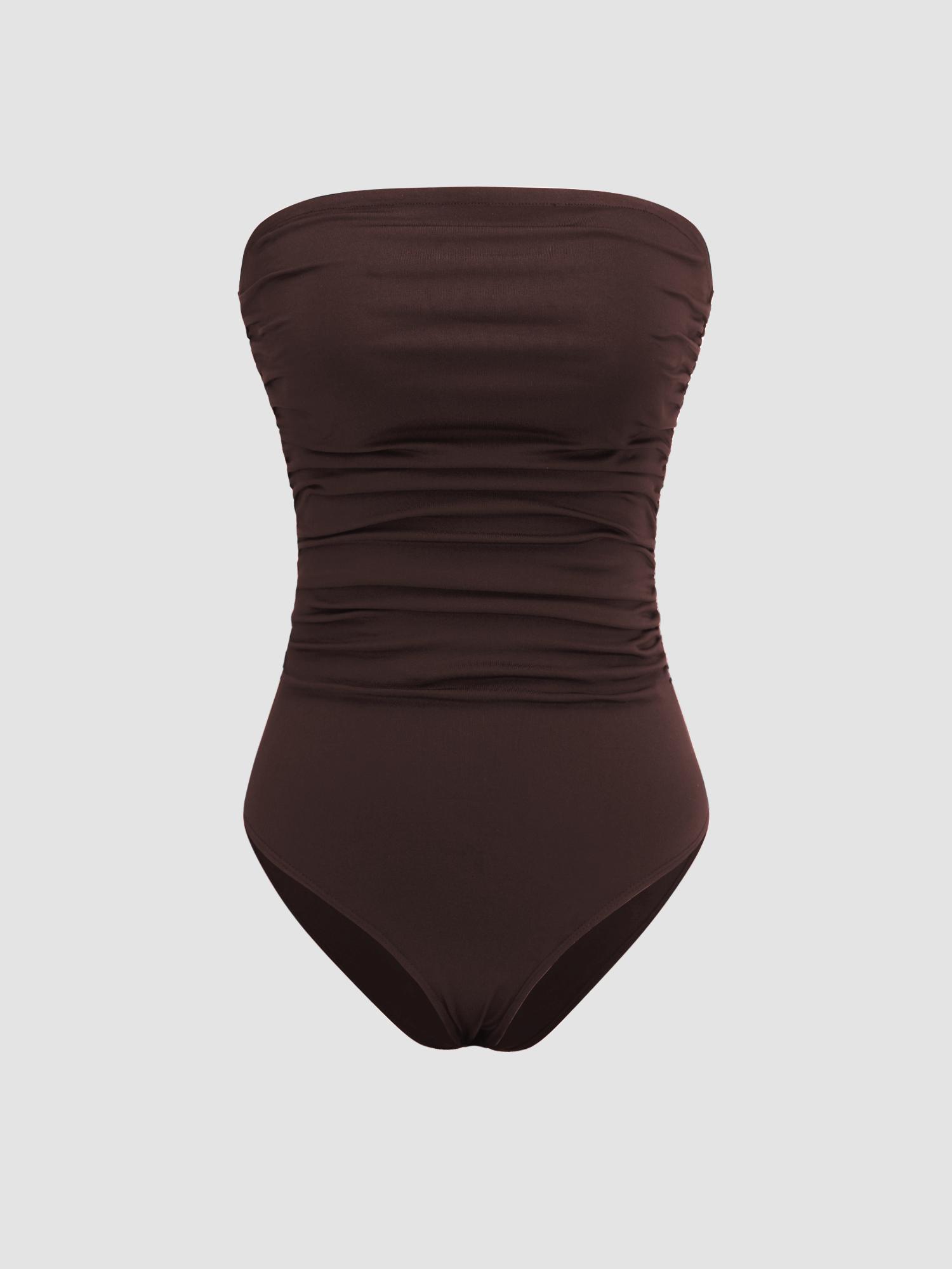 brown strapless solid ruched bodysuit