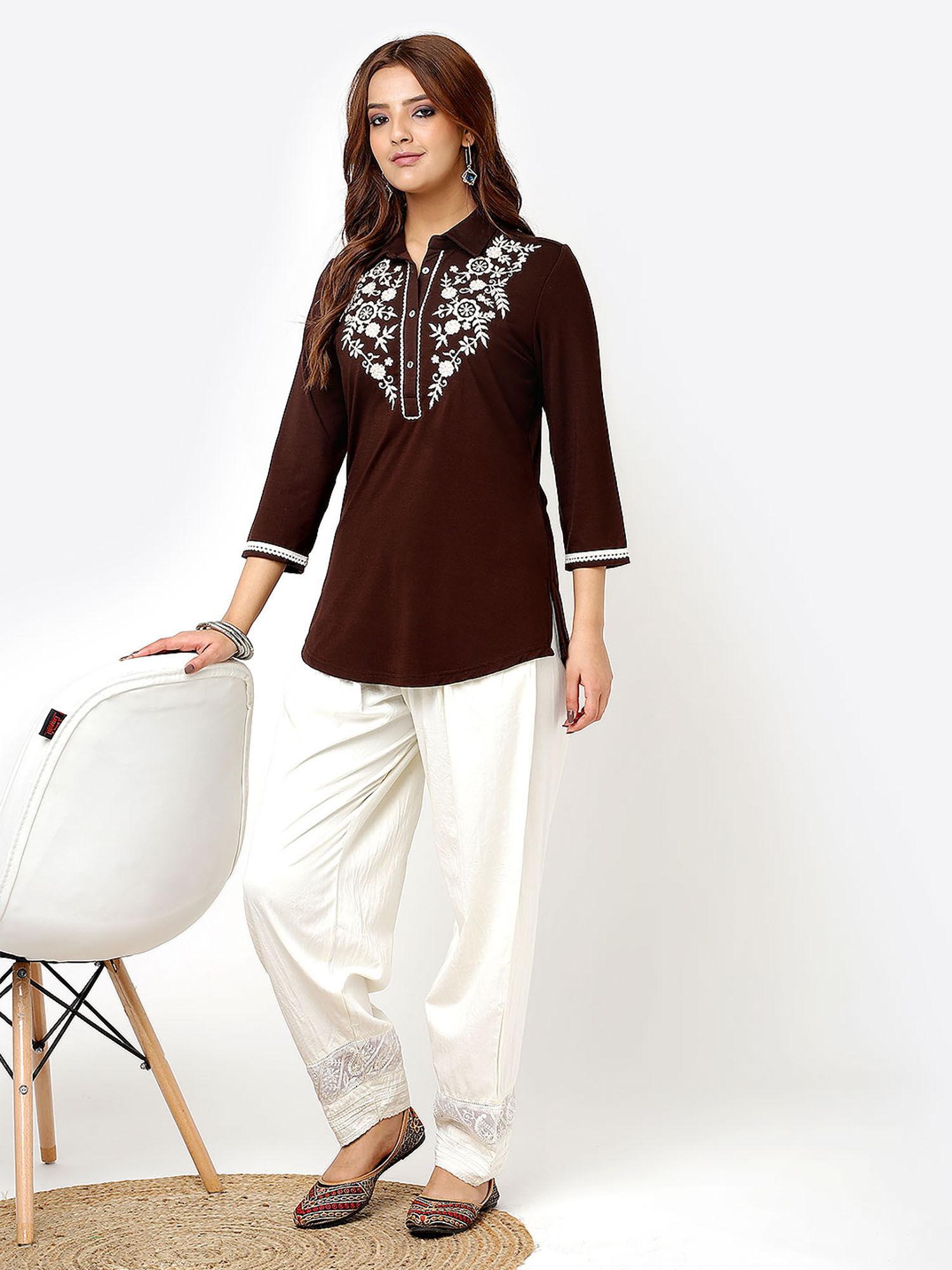 brown stretchable tunic for women with thread work & lace work