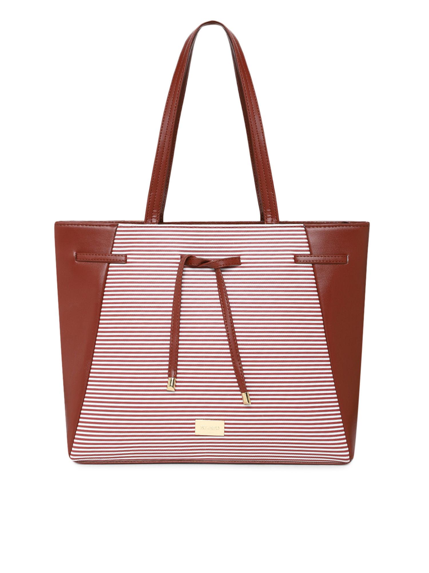 brown striped pu leather big zipper tote bag