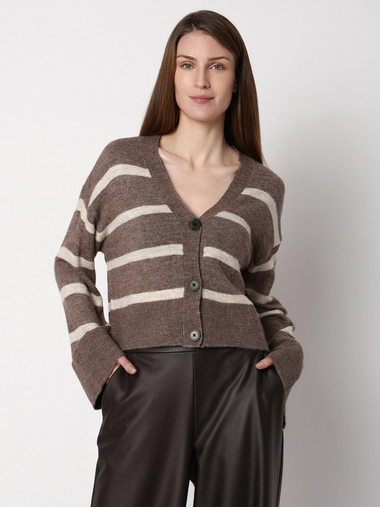 brown striped wide sleeves cardigan