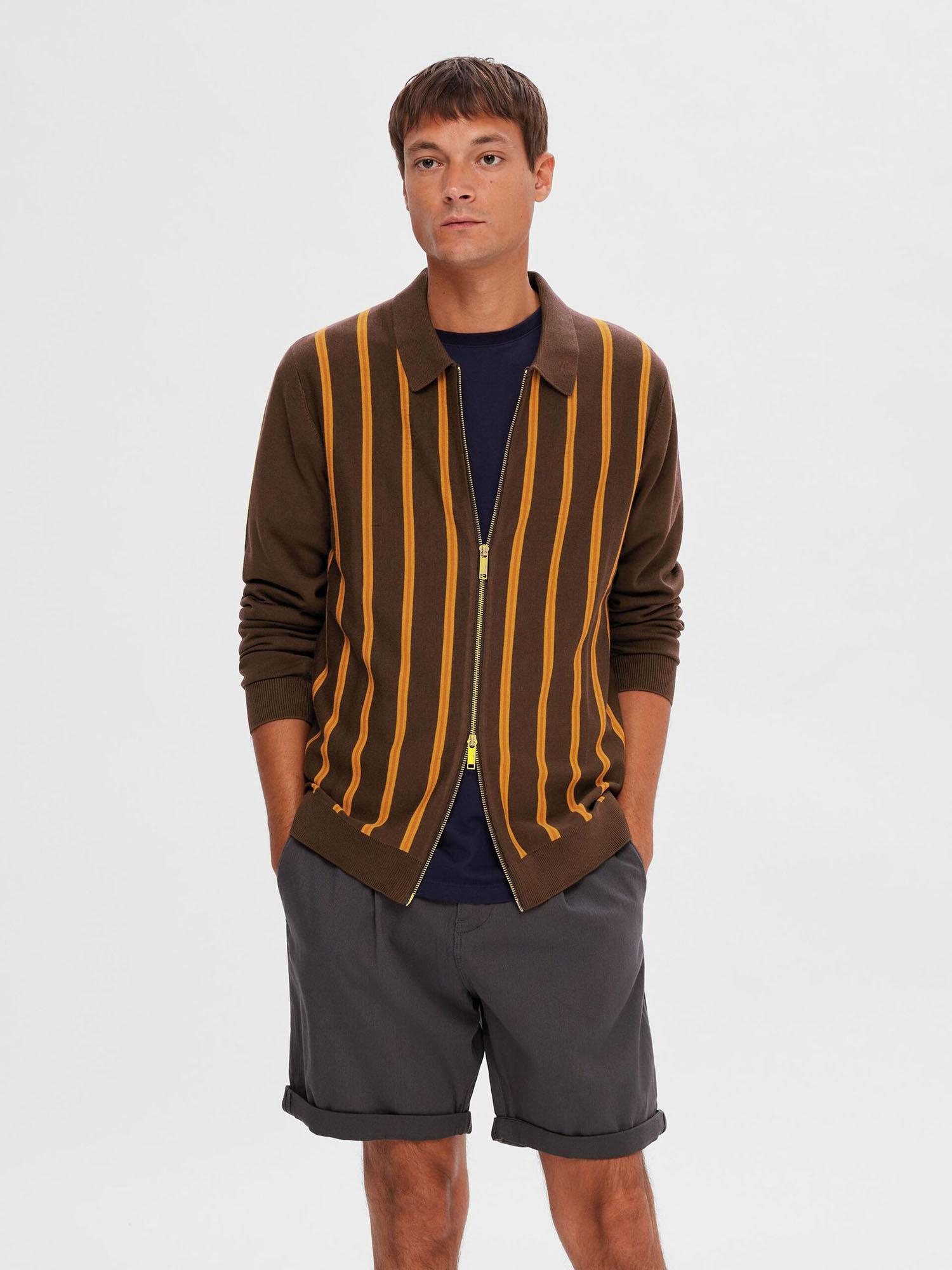 brown striped zip up cardigan