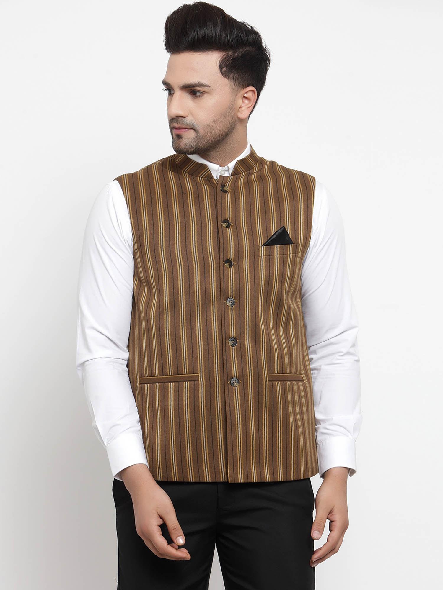 brown stripes nehru jacket