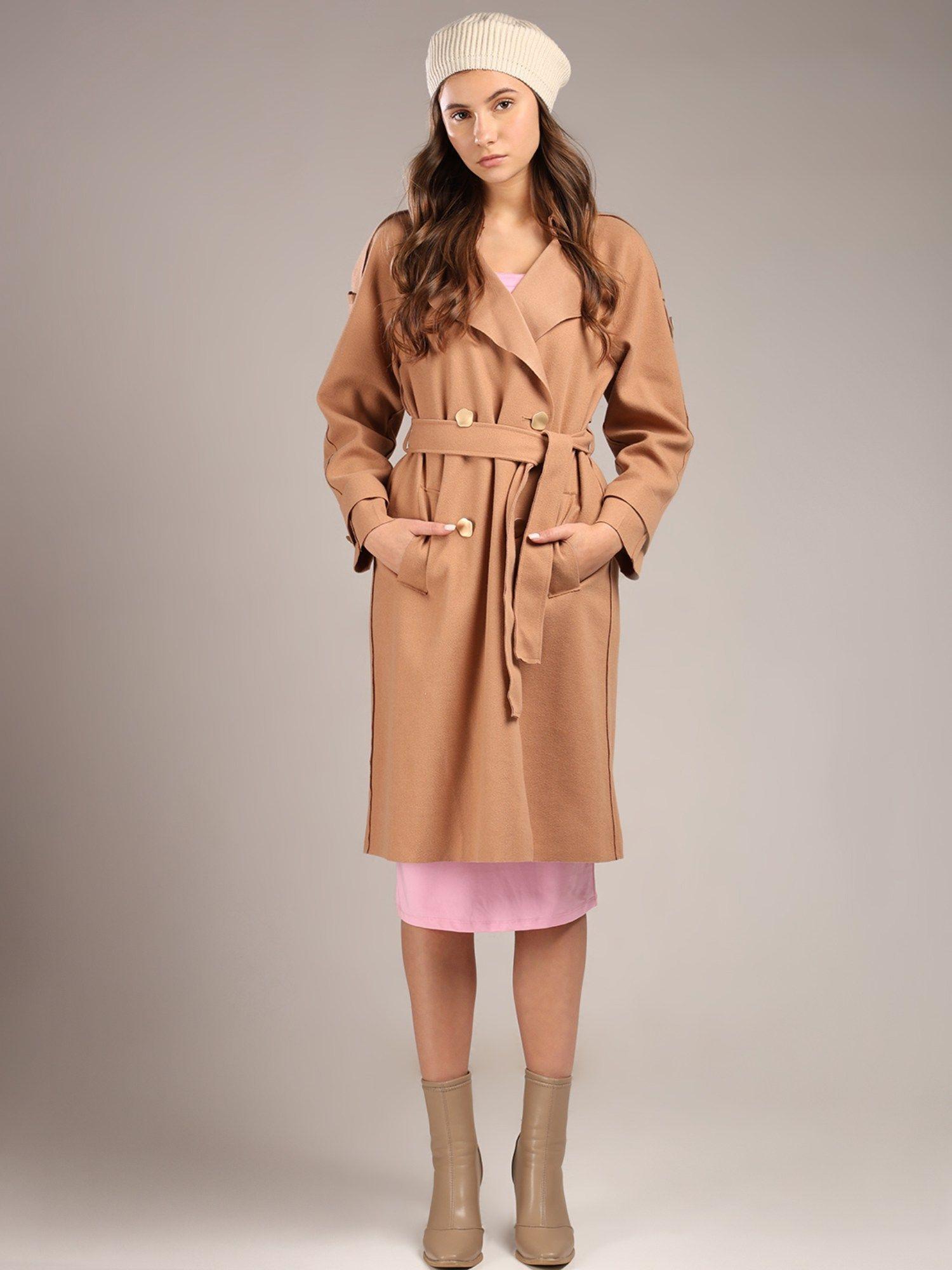 brown suede long coat with belt (set of 2)