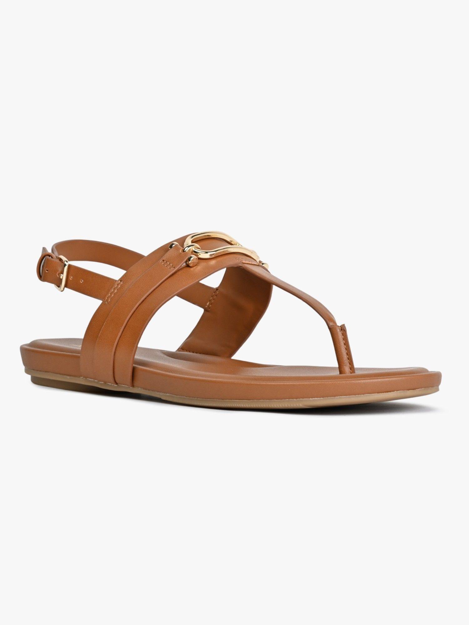 brown synthetic t-strap flat sandal