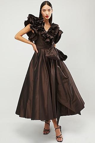 brown taffeta wrap dress with belt