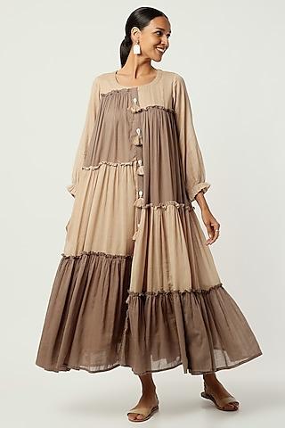 brown tasseled tiered midi dress