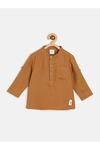 brown textured casual full sleeves band collar boys regular fit shirt