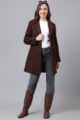brown textured casual full sleeves notch lapel women classic fit overcoat