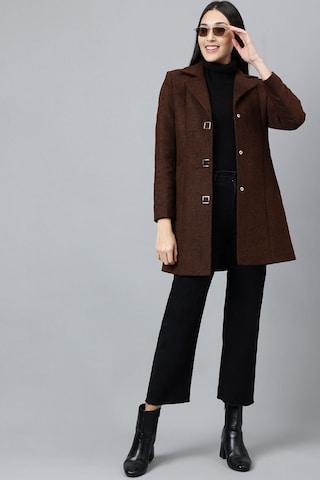 brown textured casual full sleeves regular collar women regular fit coat