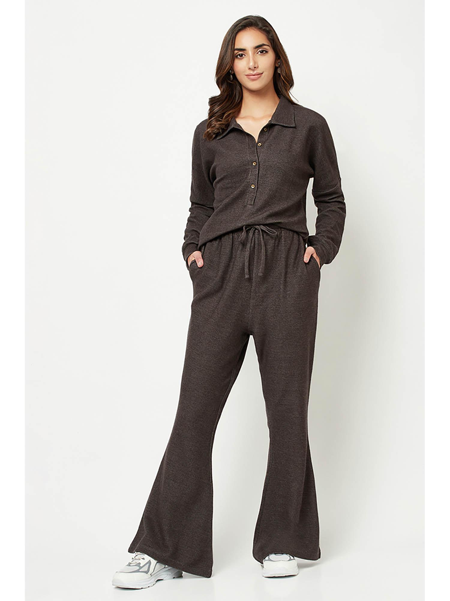 brown textured loungewear shirt & pant (set of 2)