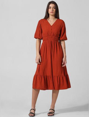 brown textured puff sleeves dress