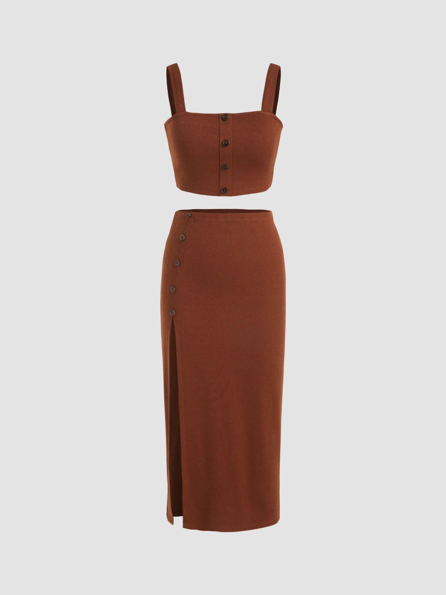 brown textured rib crop top & slit skirt co-ord (set of 2)