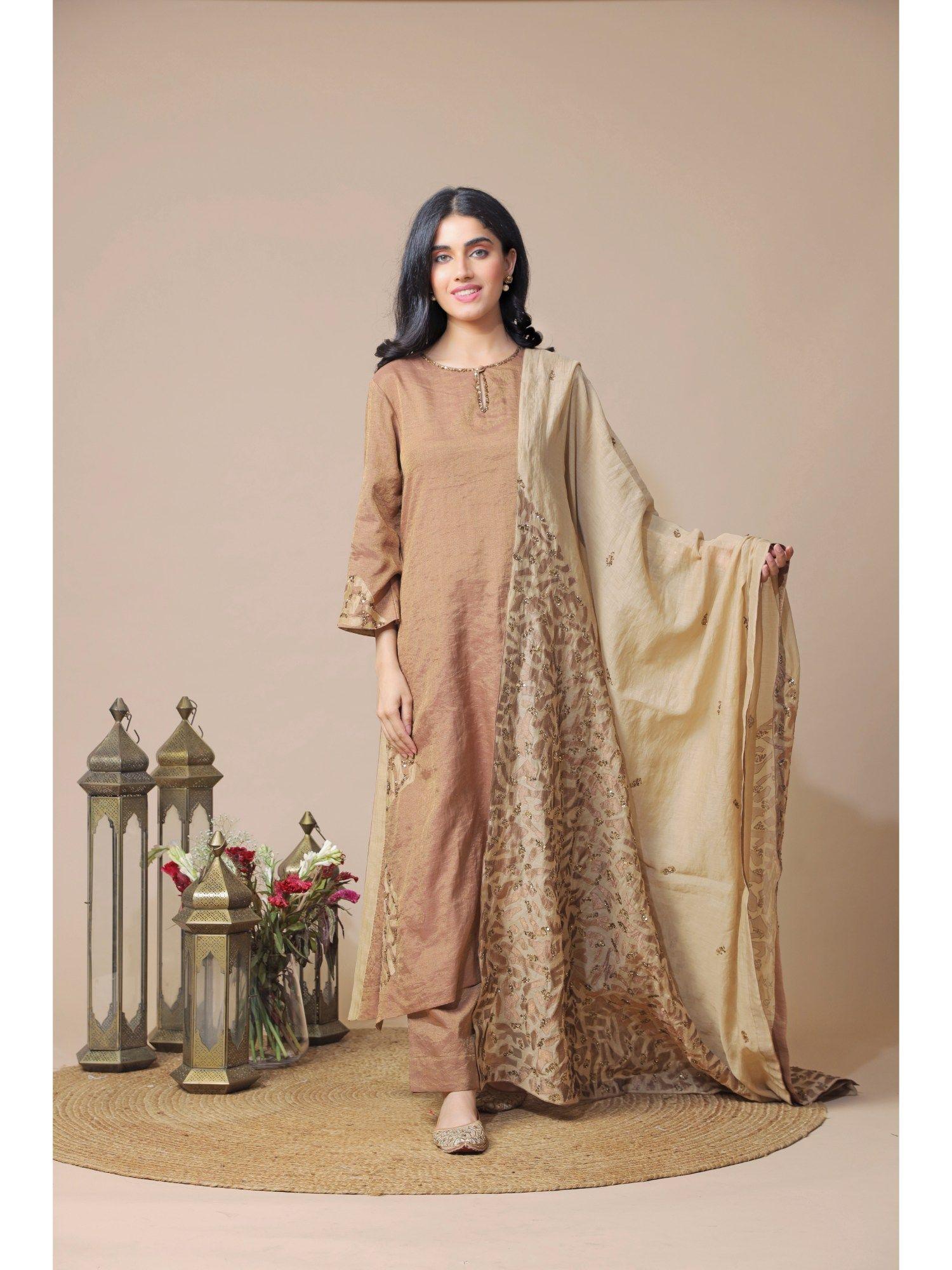 brown tissue chanderi kurta with pant with embroidered dupatta (set of 3)