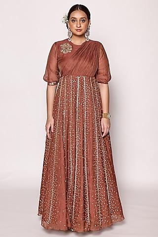 brown tissue embellished panelled maxi dress