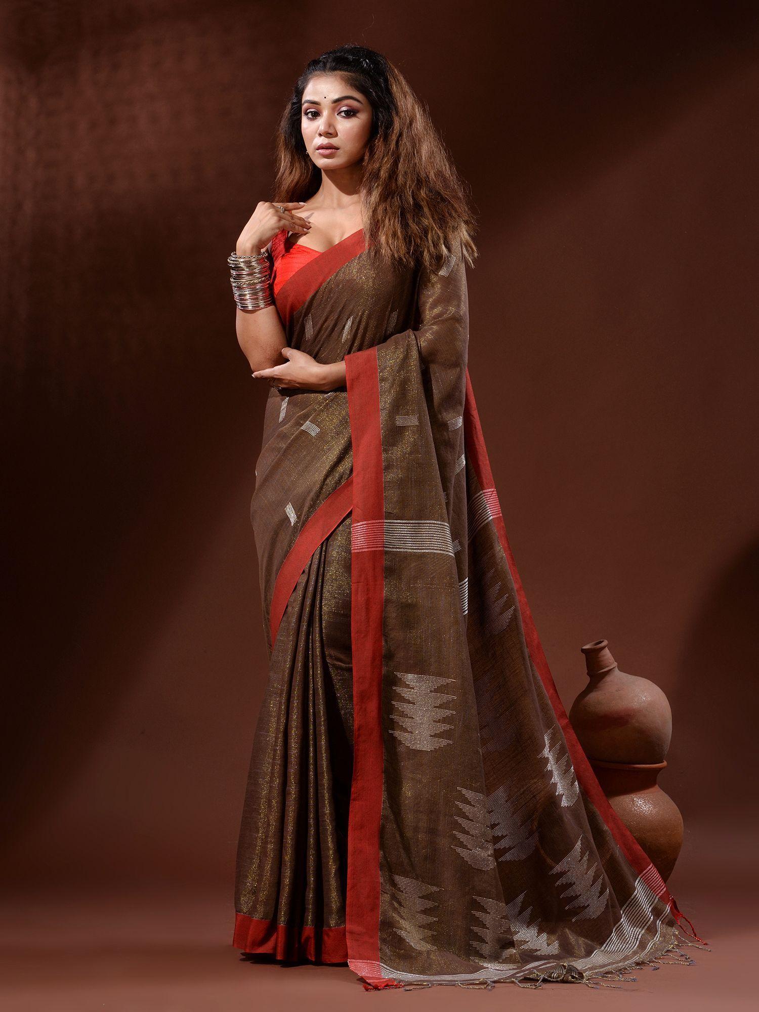 brown tissue handwoven saree with texture pallu with unstitched blouse