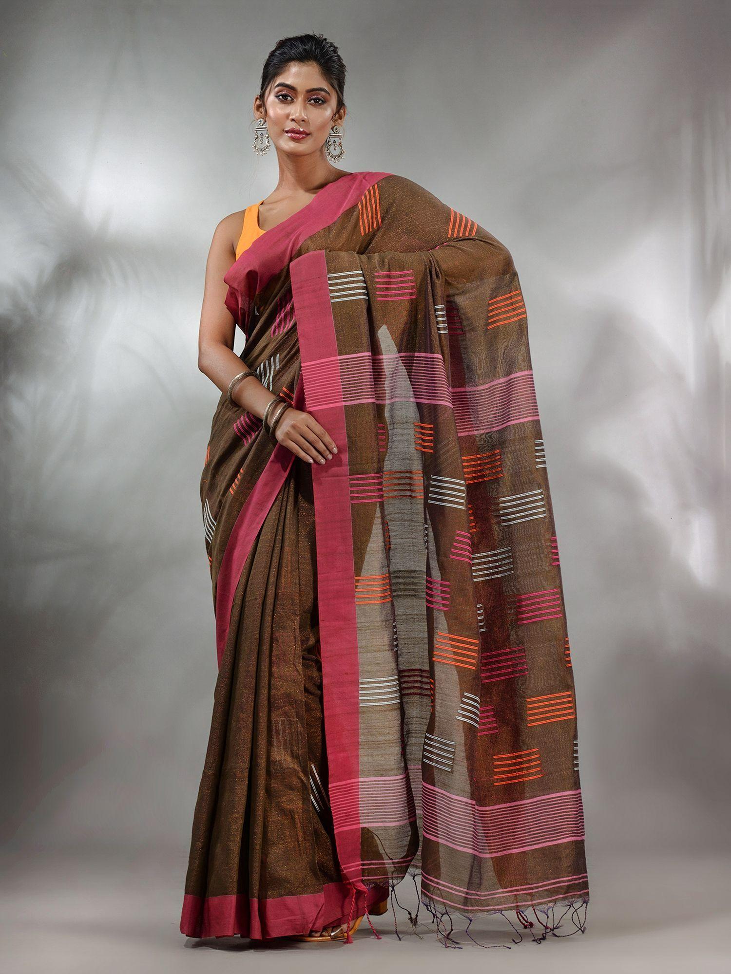 brown tissue handwoven saree with woven designs & unstitched blouse