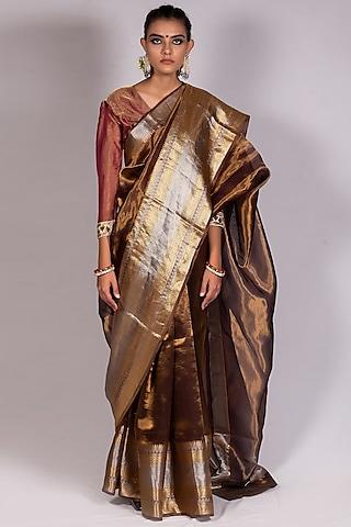 brown tissue saree set