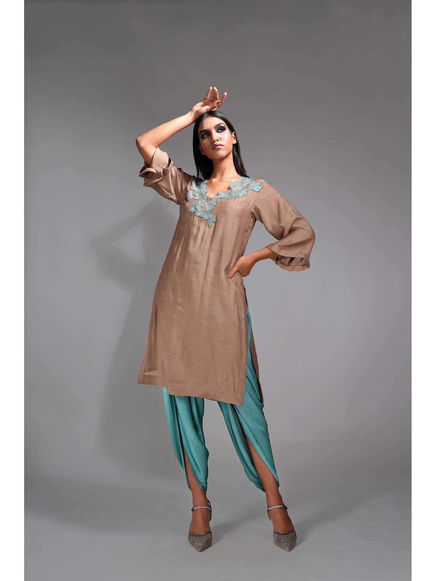 brown-turquoise kurta and pant with thread work (set of 2)