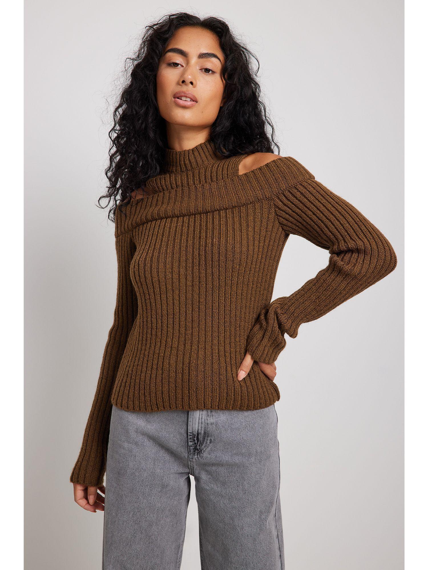 brown two-in-one rib knitted sweater