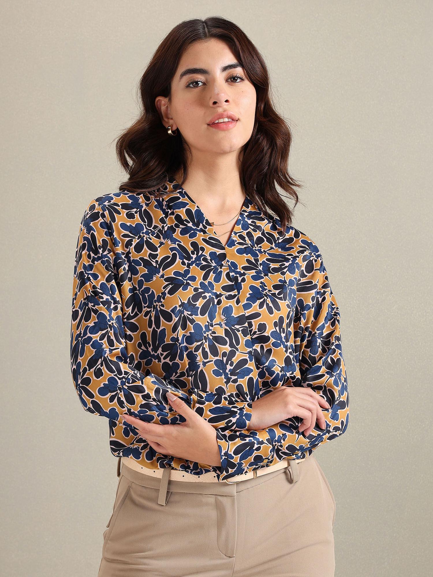 brown v-neck floral print top