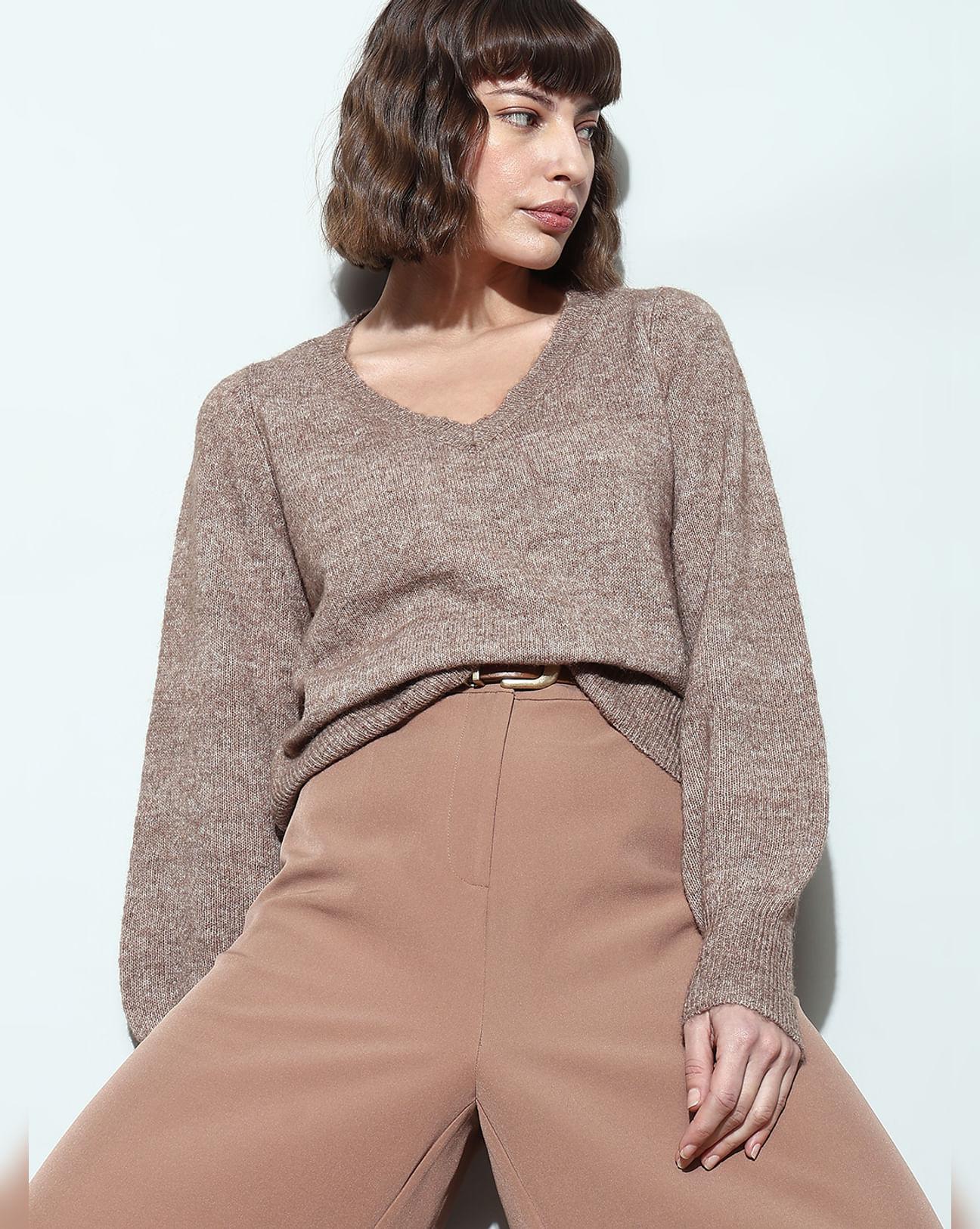 brown v-neck pullover