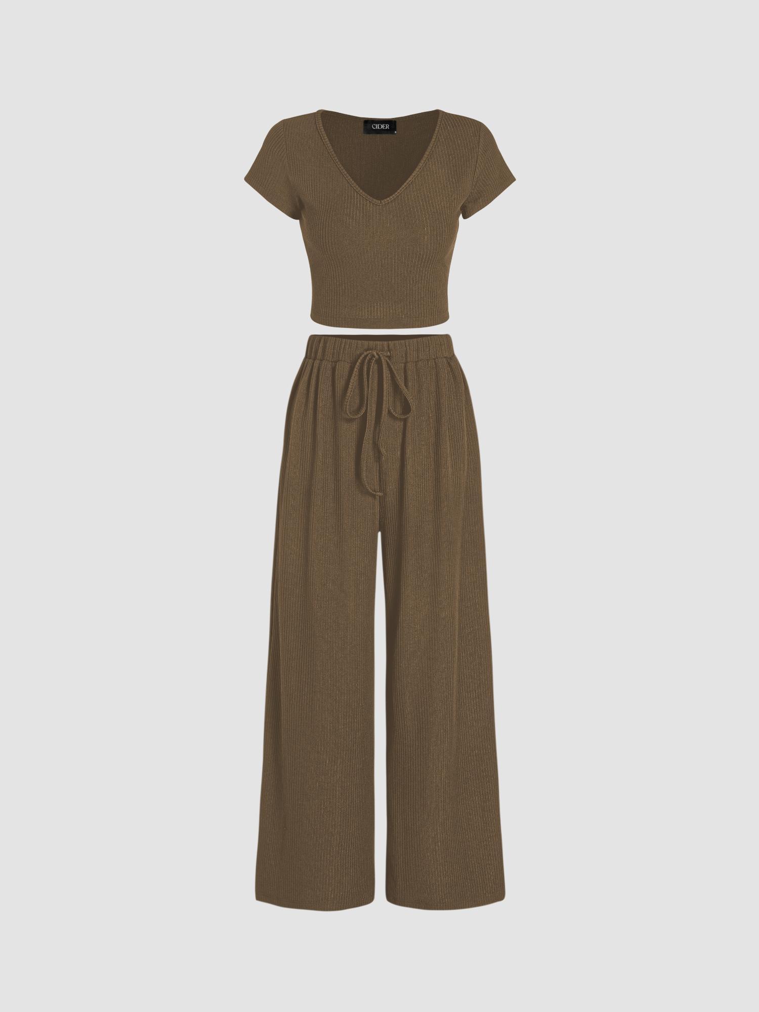 brown v-neck short sleeve crop tee and knotted wide leg pant (set of 2)