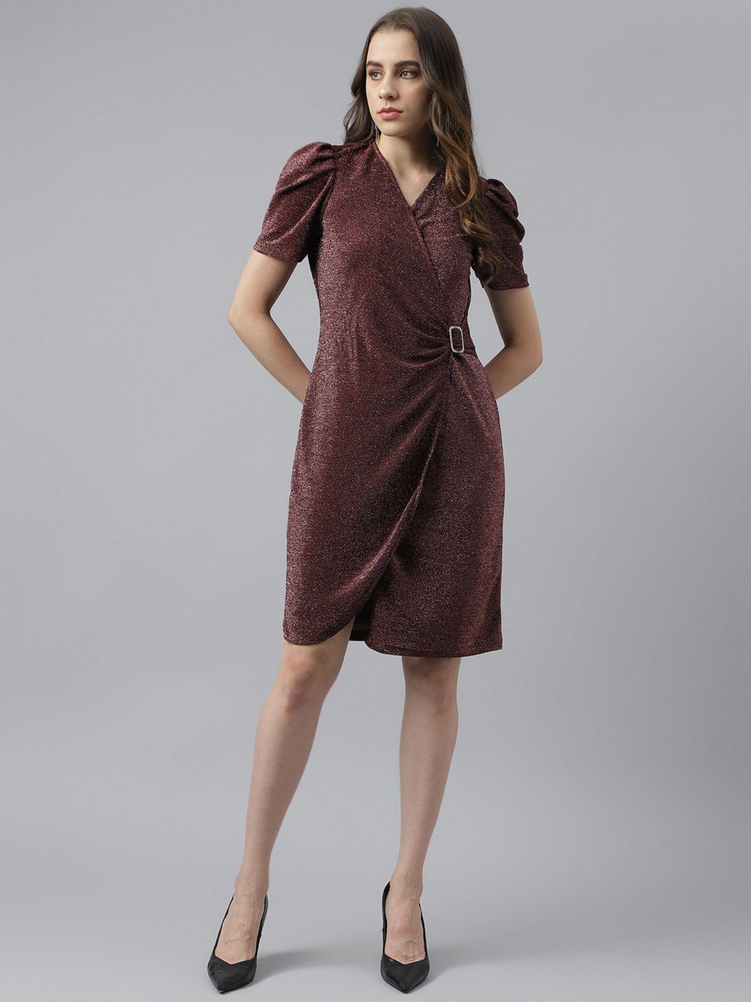 brown v-neck with half sleeves embellished wrap dress