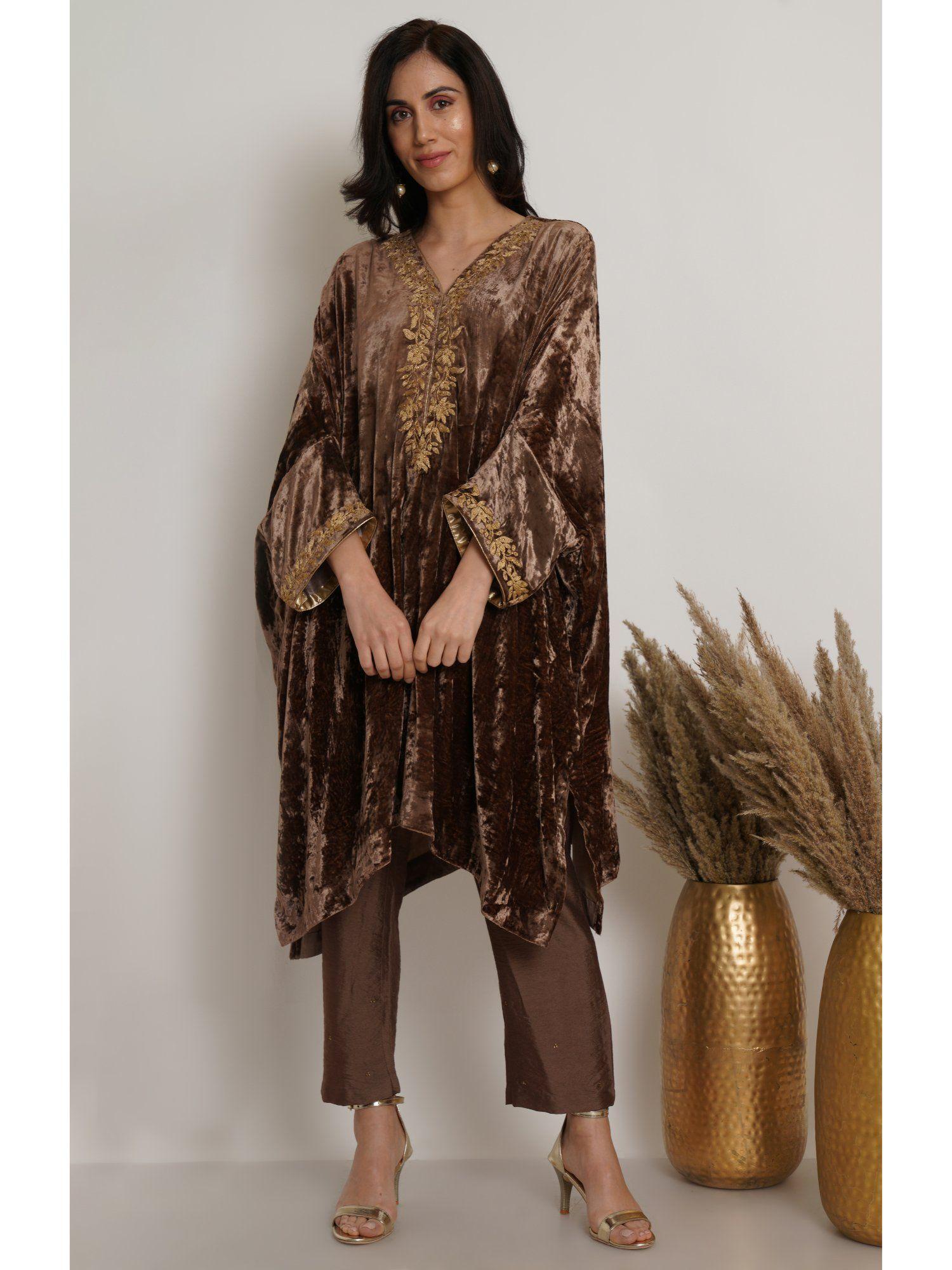 brown velvet embroidered & embellished kaftan with pant (set of 2)