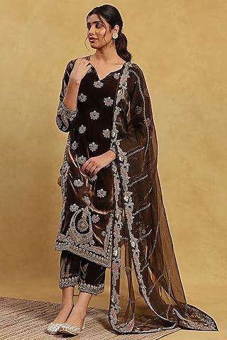 brown velvet embroidered kurta set