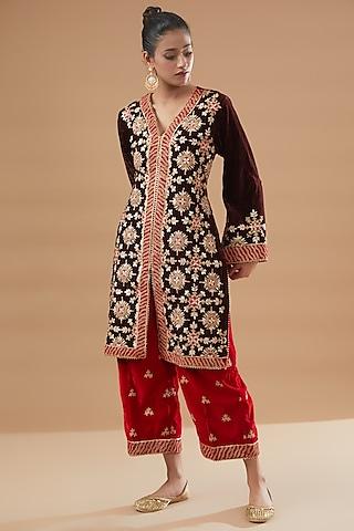 brown velvet embroidered kurta set