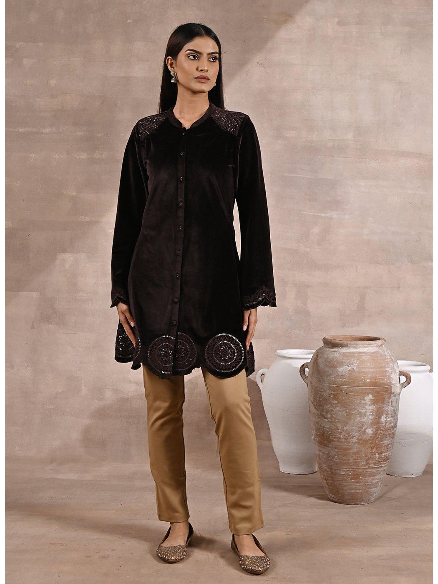 brown velvet kurti with cut work & hand embroidery