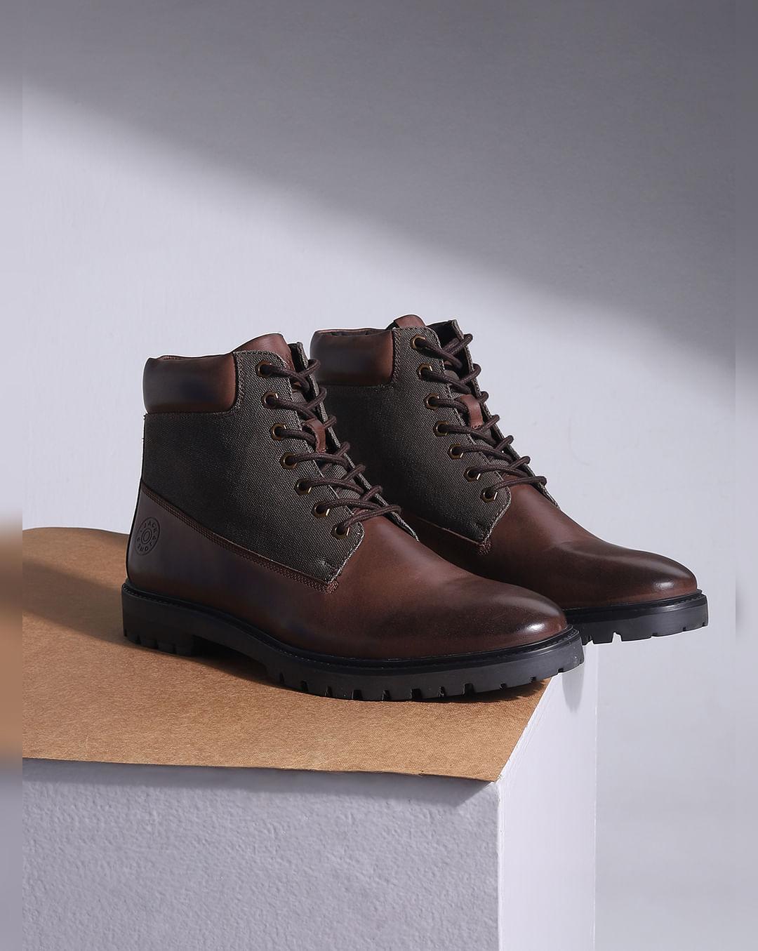 brown vintage leather mid-top boots