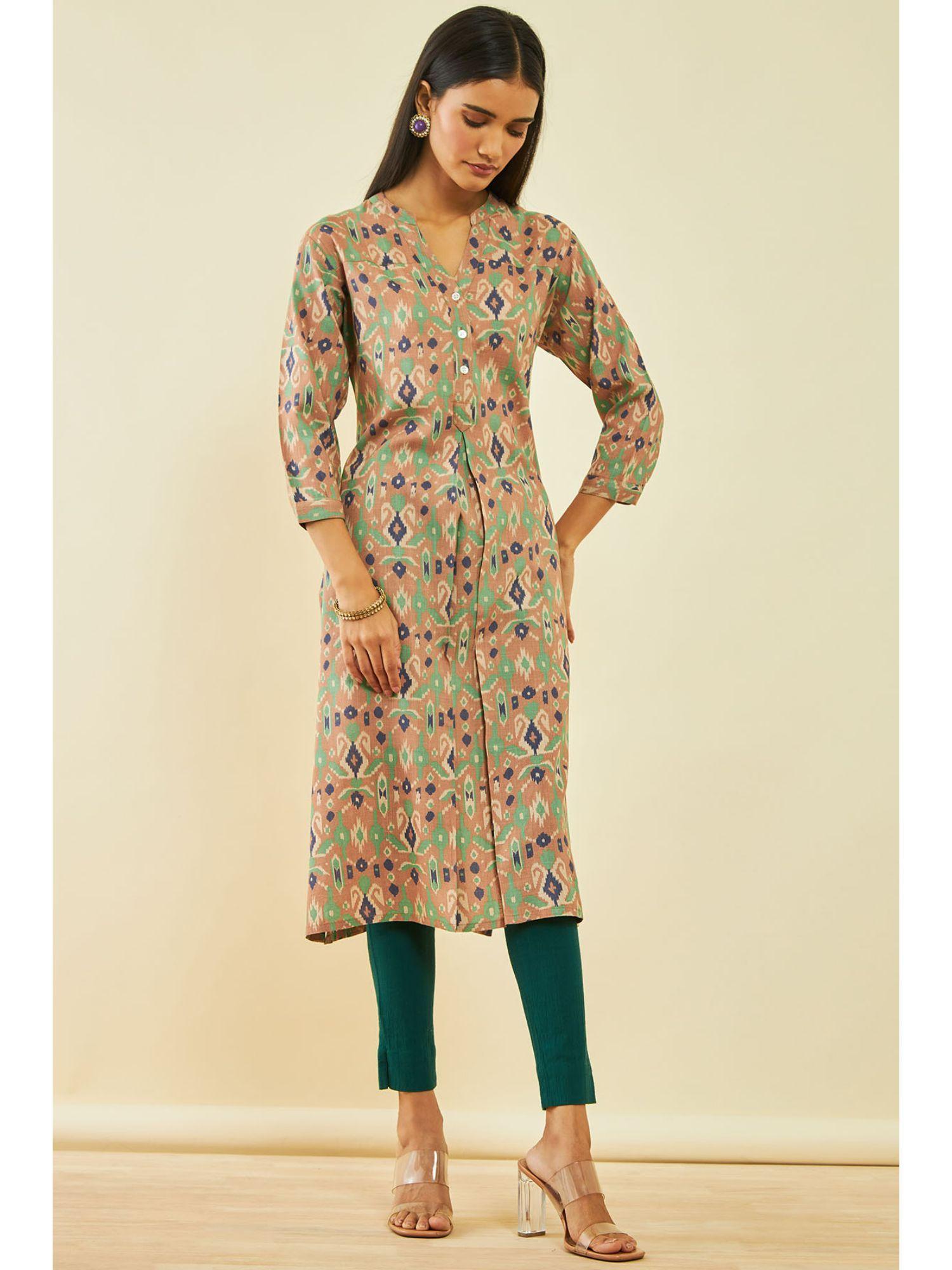 brown viscose ikkat printed kurta