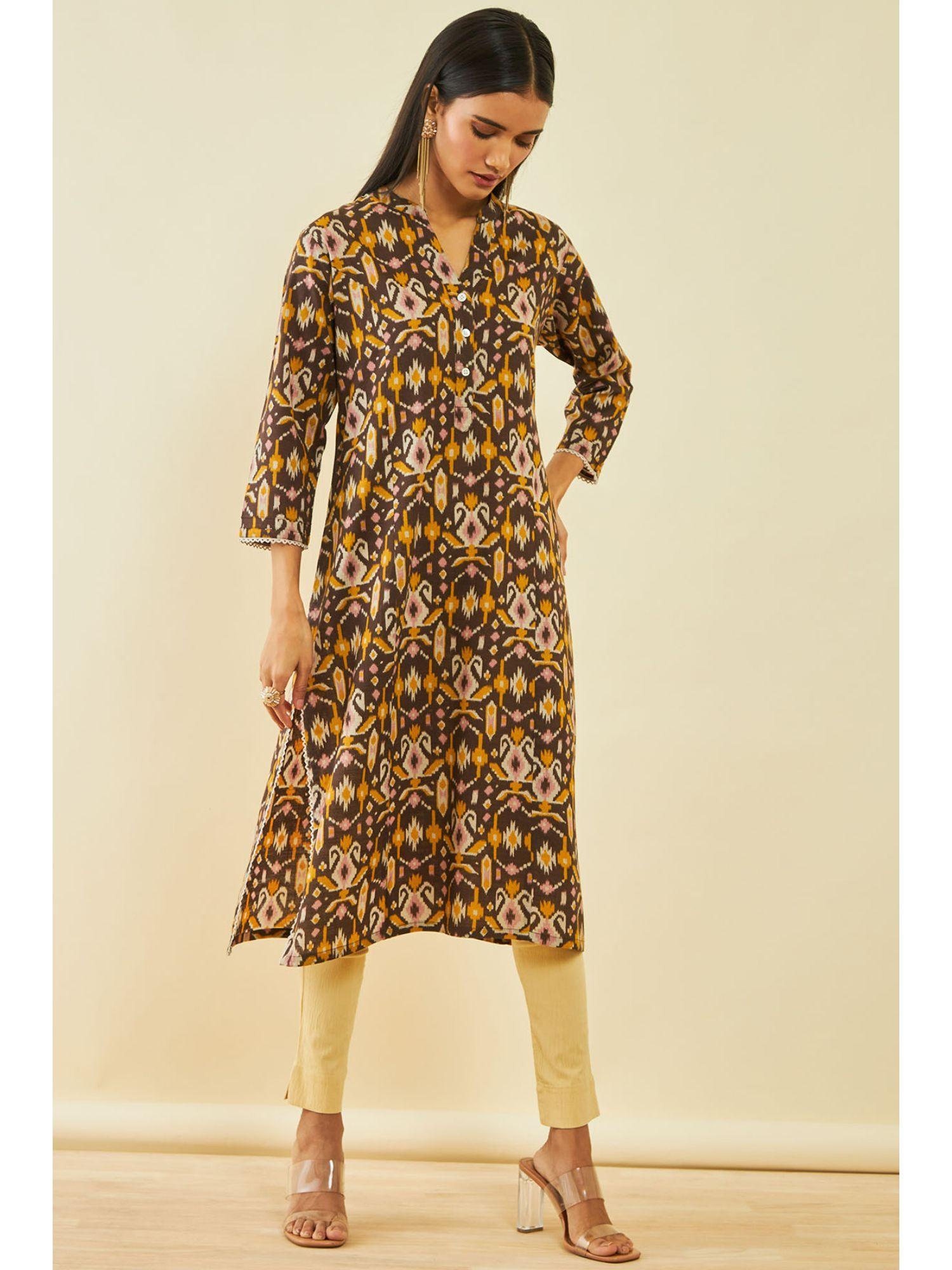 brown viscose ikkat printed kurta