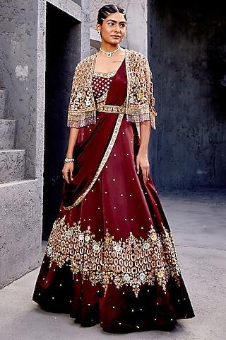 brown viscose satin organza & net embroidered jacket lehenga set