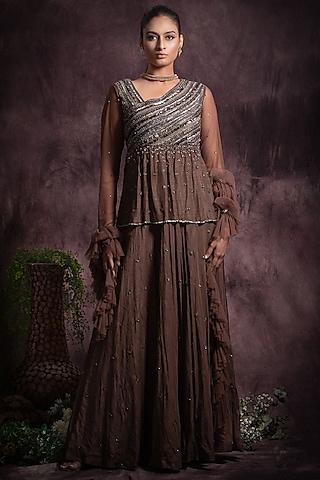 brown viscose silk embroidered dress