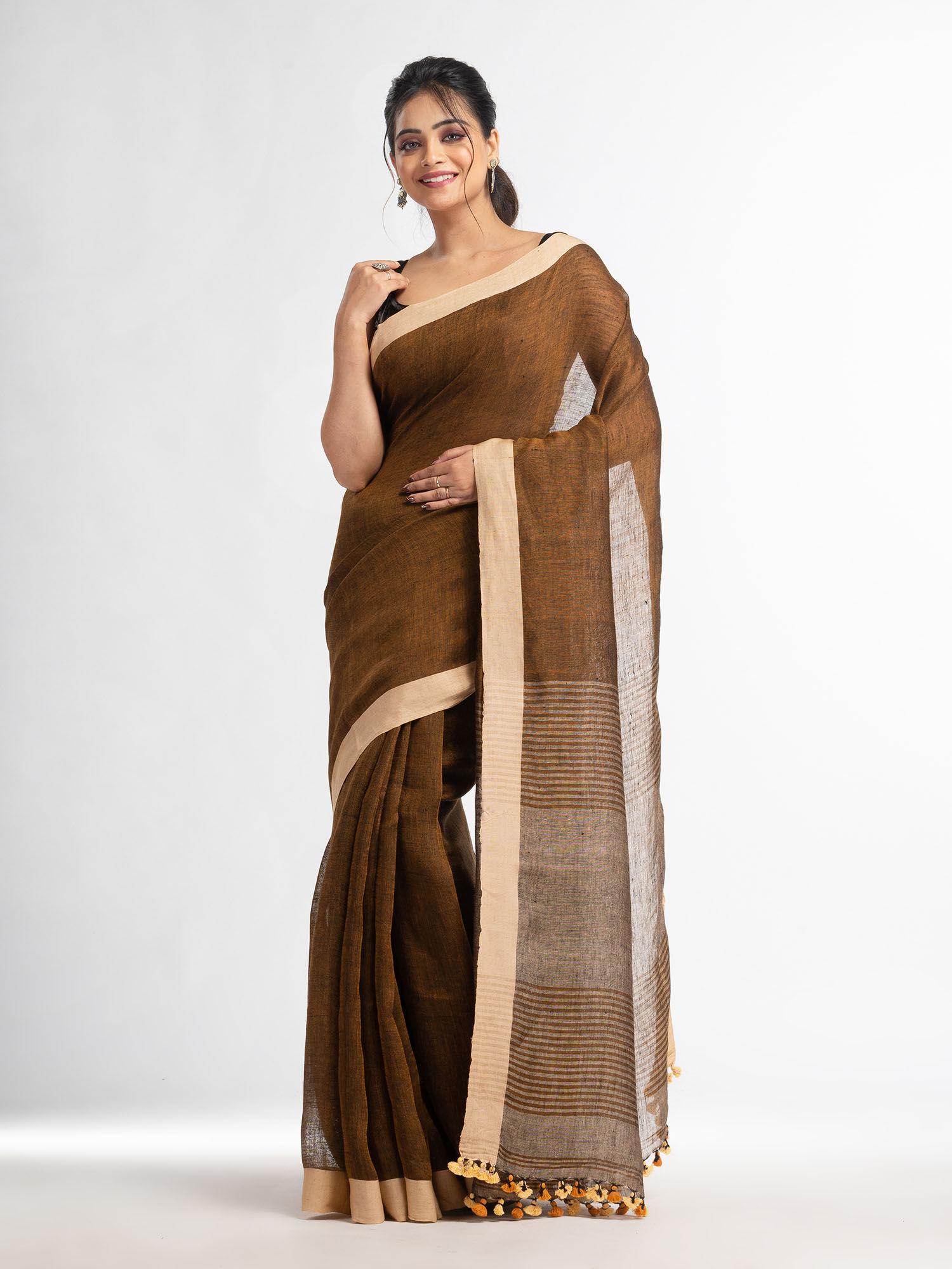 brown with multi pallu in solid border handwoven saree with unstitched blouse