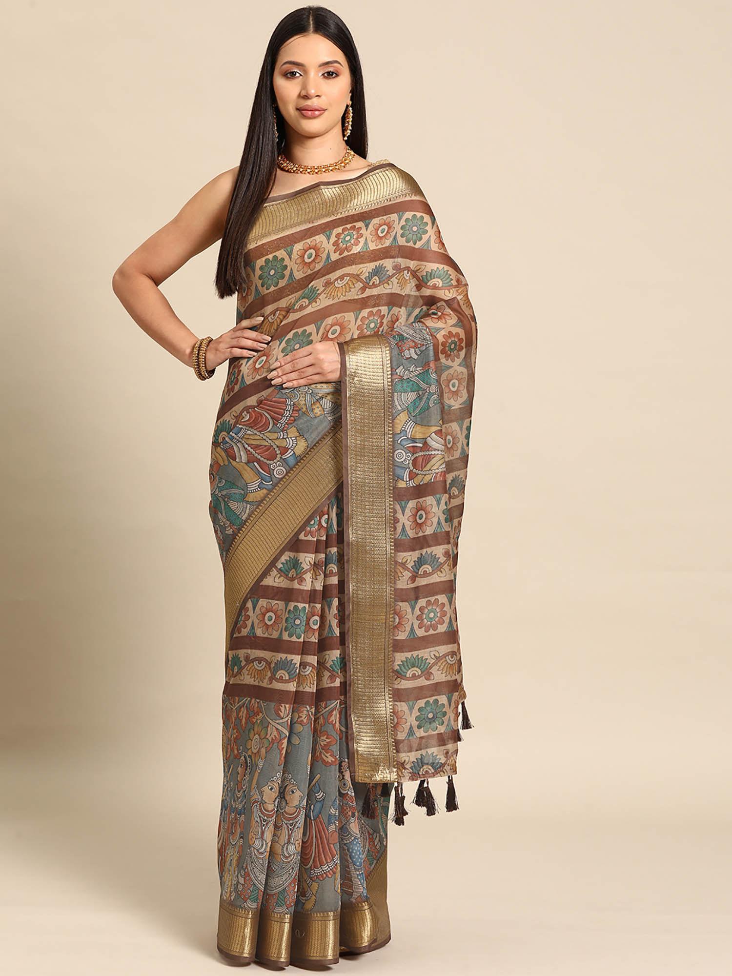 brown women kalamkari cotton blend printed saree with unstitched blouse