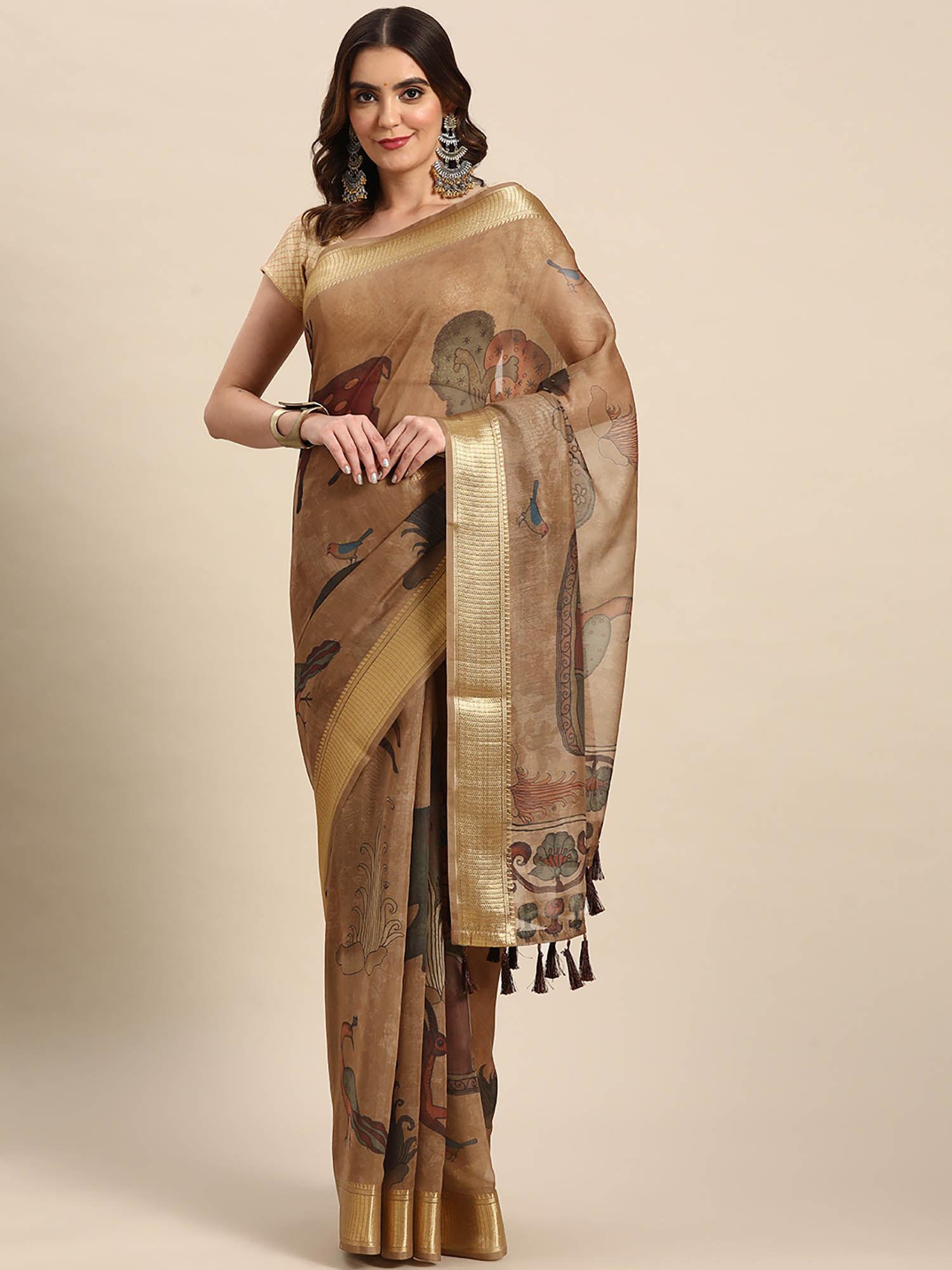 brown women kalamkari cotton blend printed saree with unstitched blouse