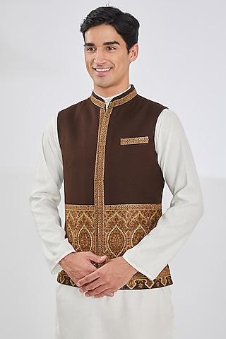 brown wool blend & viscose embroidered bundi jacket