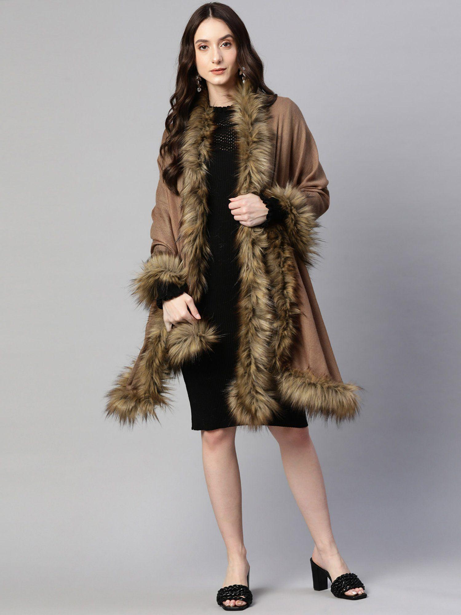 brown wool shawl with fur
