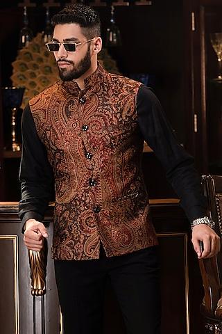 brown woven jacquard nehru jacket